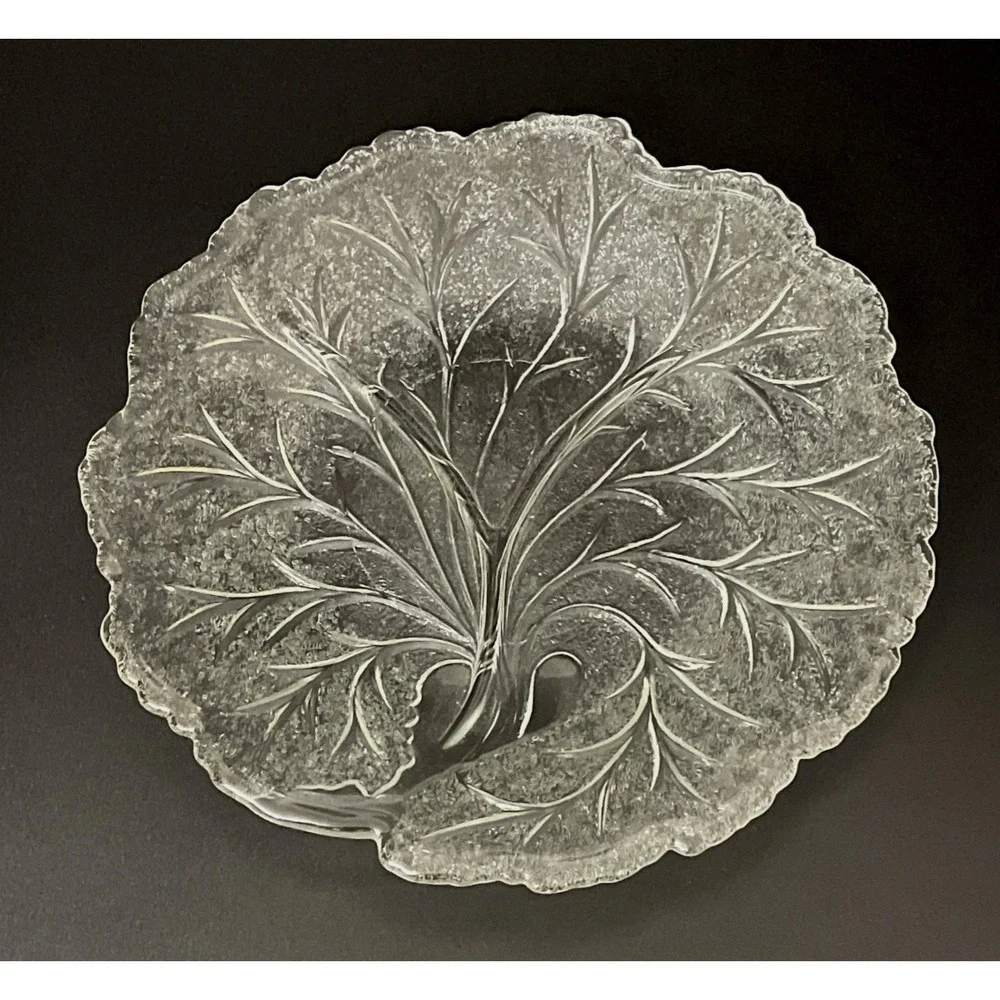 Vtg Clear Glass Leaf Frosted Divided Relish Dish Plate 10